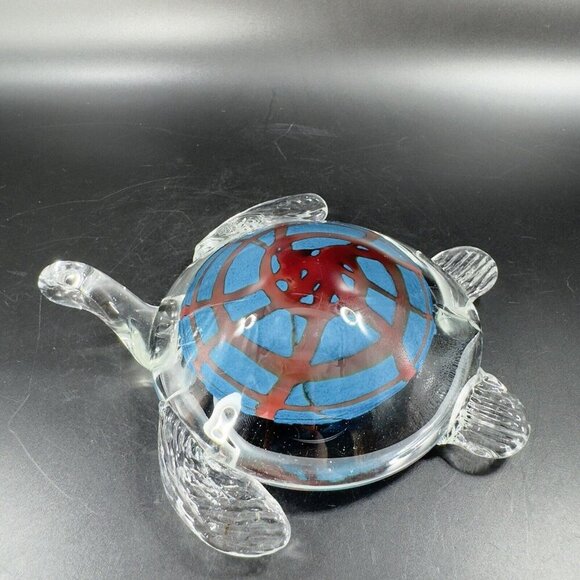 Art Glass Turtle Glass Paperweight Figurine Clear Edges Blue Red Center Glass - Picture 12 of 16